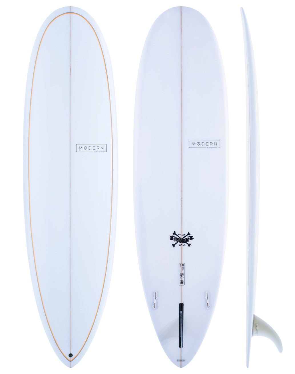 Modern Surfboards Love Child white mid length surfboard