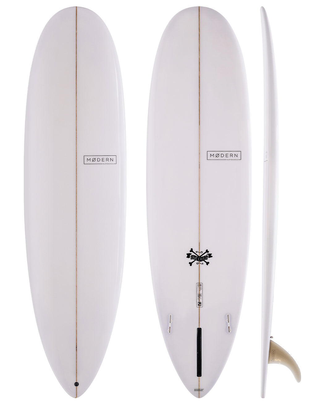 Modern Surfboards Love Child white mid length surfboard