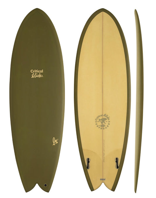 The Critical Slide Society Surfboards - Angler artichoke colored twin fin surfboard