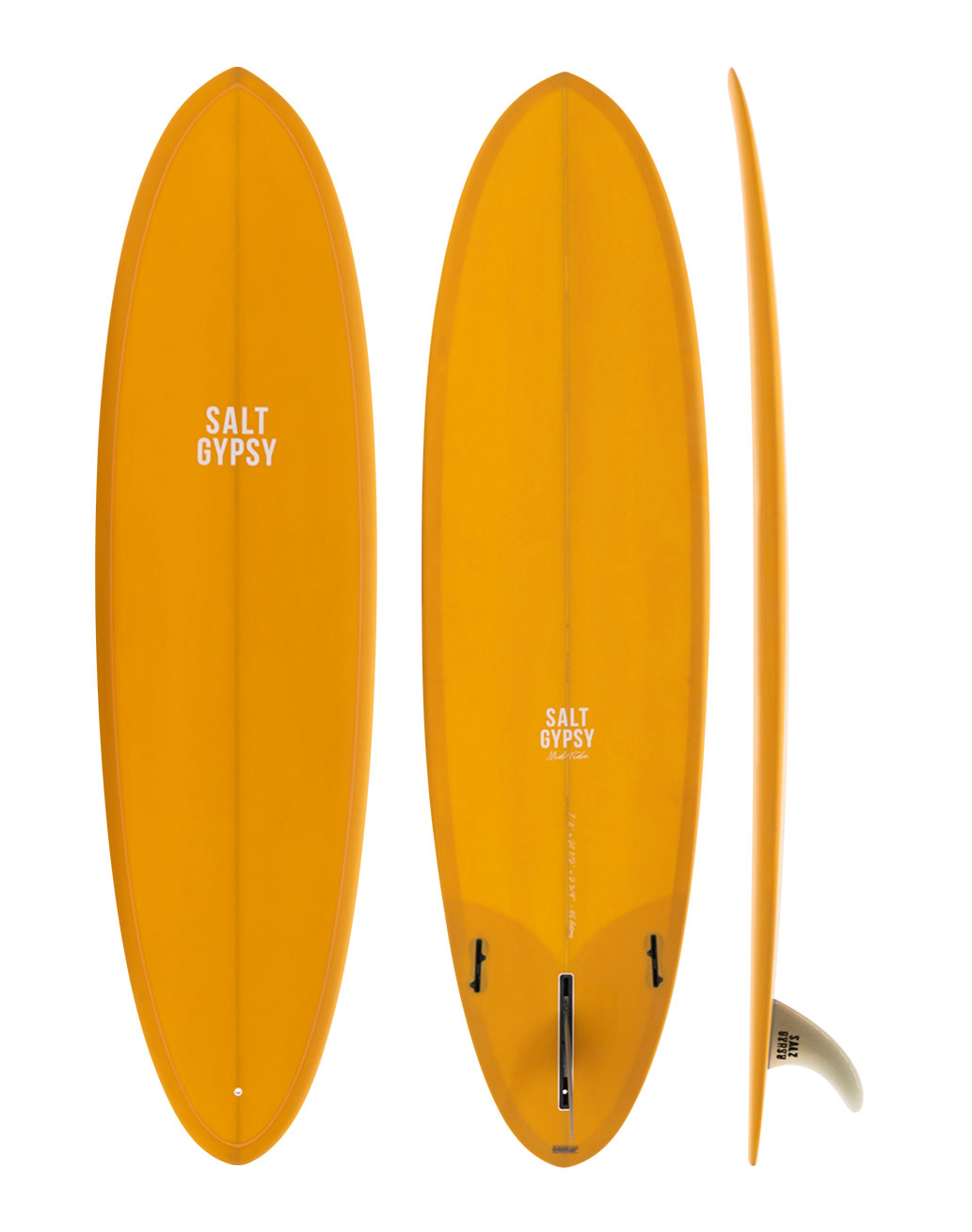 Salt Gypsy Surfboards - Mid Tide mustard yellow mid length surfboard