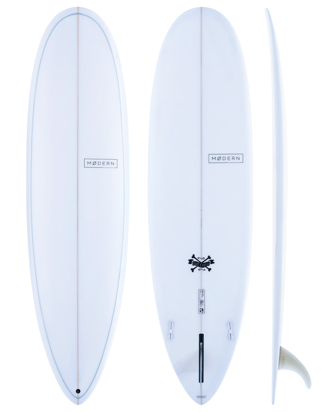 Modern Surfboards Love Child white mid length surfboard