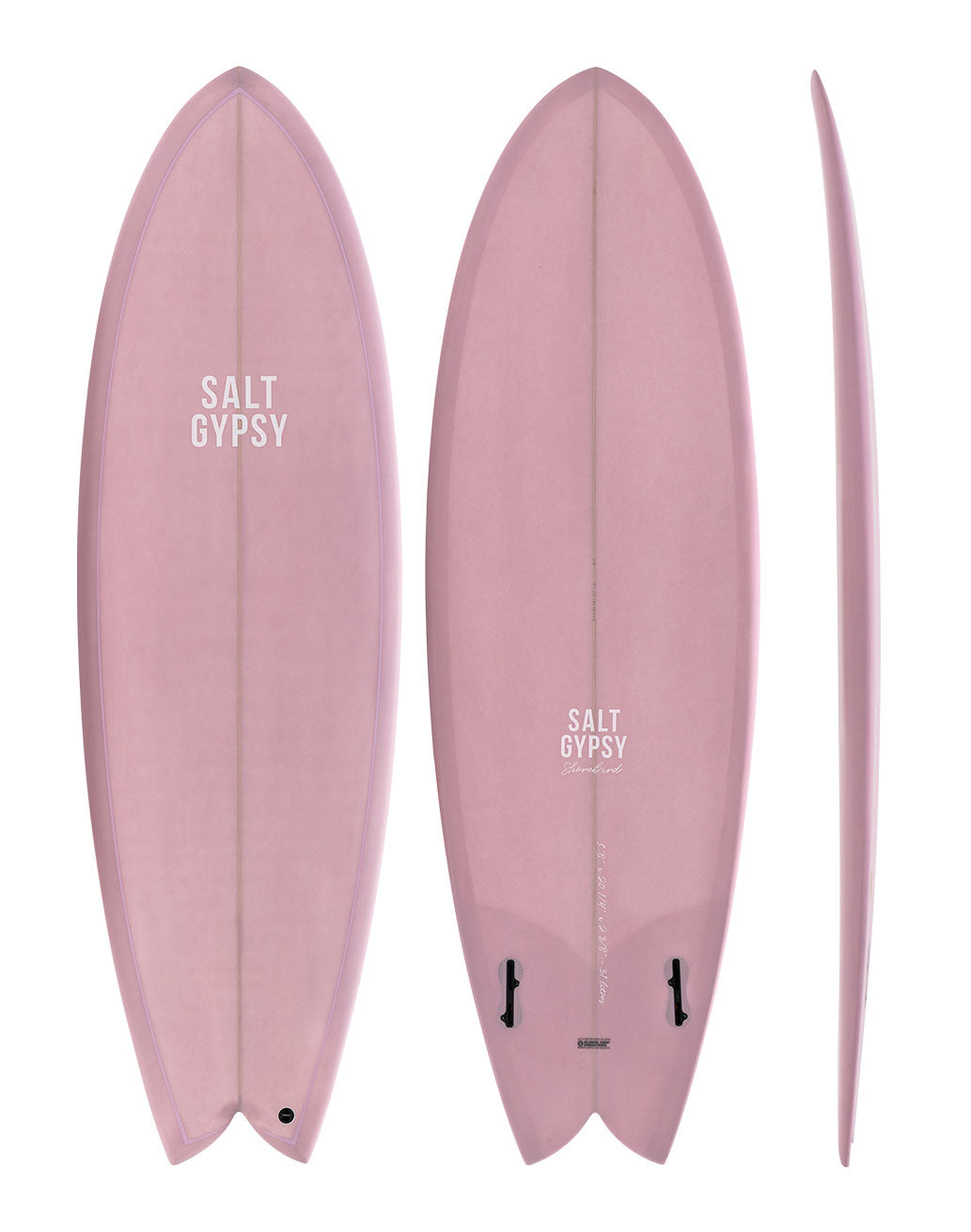 Salt Gypsy Surfboards - Shorebird dirty pink twin fin surfboard