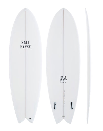 Salt Gypsy Surfboards - Shorebird white twin fin surfboard